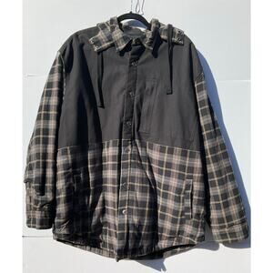 Sears Craftsman Black/Brown/Gray Plaid Flannel Shirt Jacket Hoodie 2XL